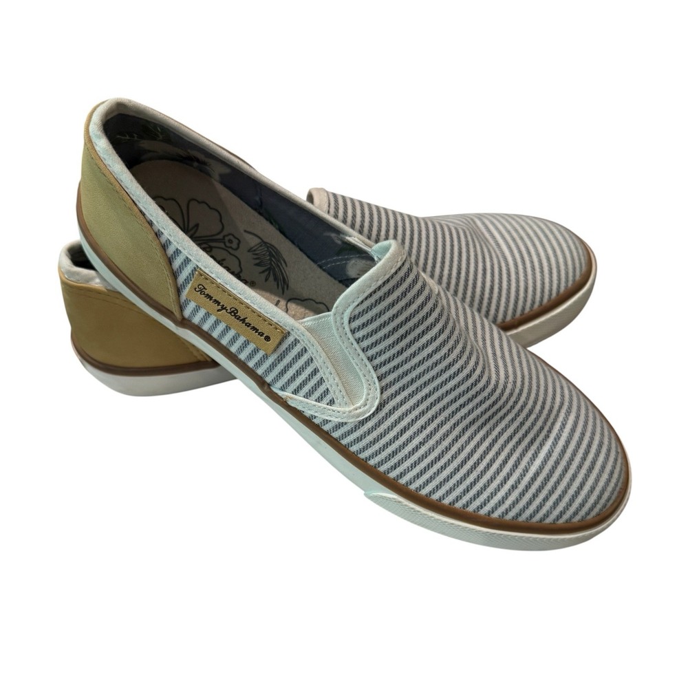 Tommy Bahama Women's 7.5 Striped Slip On Shoes Blue White Tan Coastal Loafers